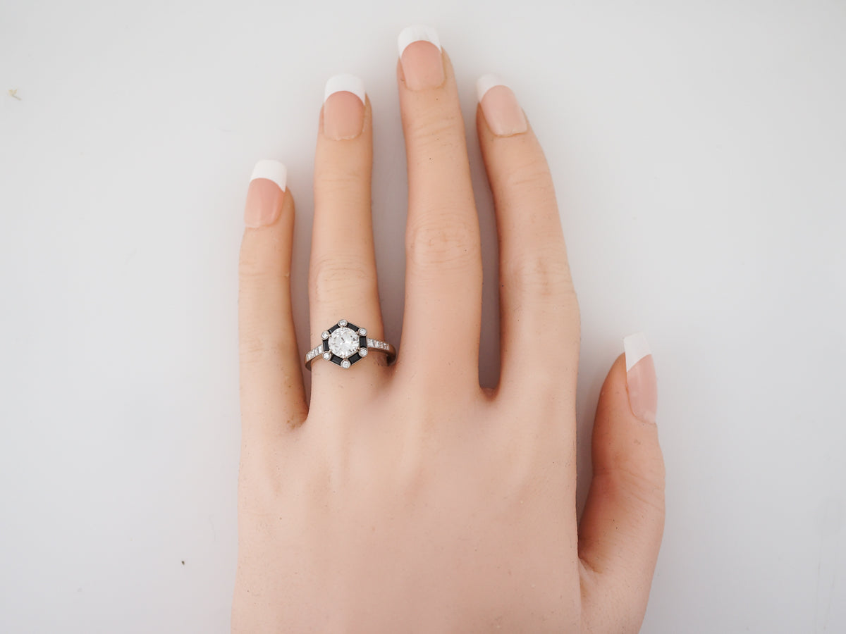 Onyx & Diamond Halo Engagement Ring in 18k White Gold