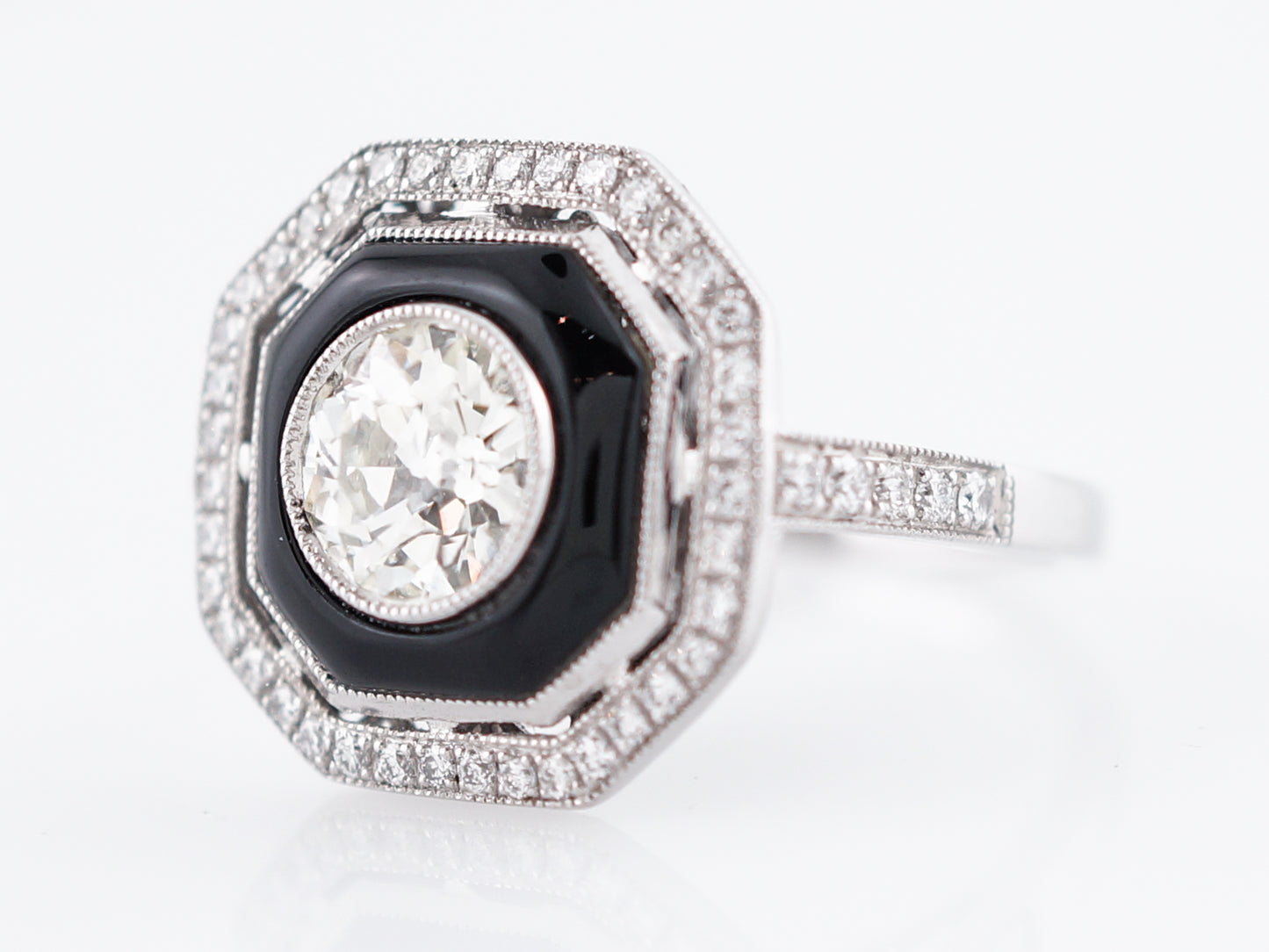 Right Hand Ring Modern .95 Old European Cut Diamond & Onyx in Platinum