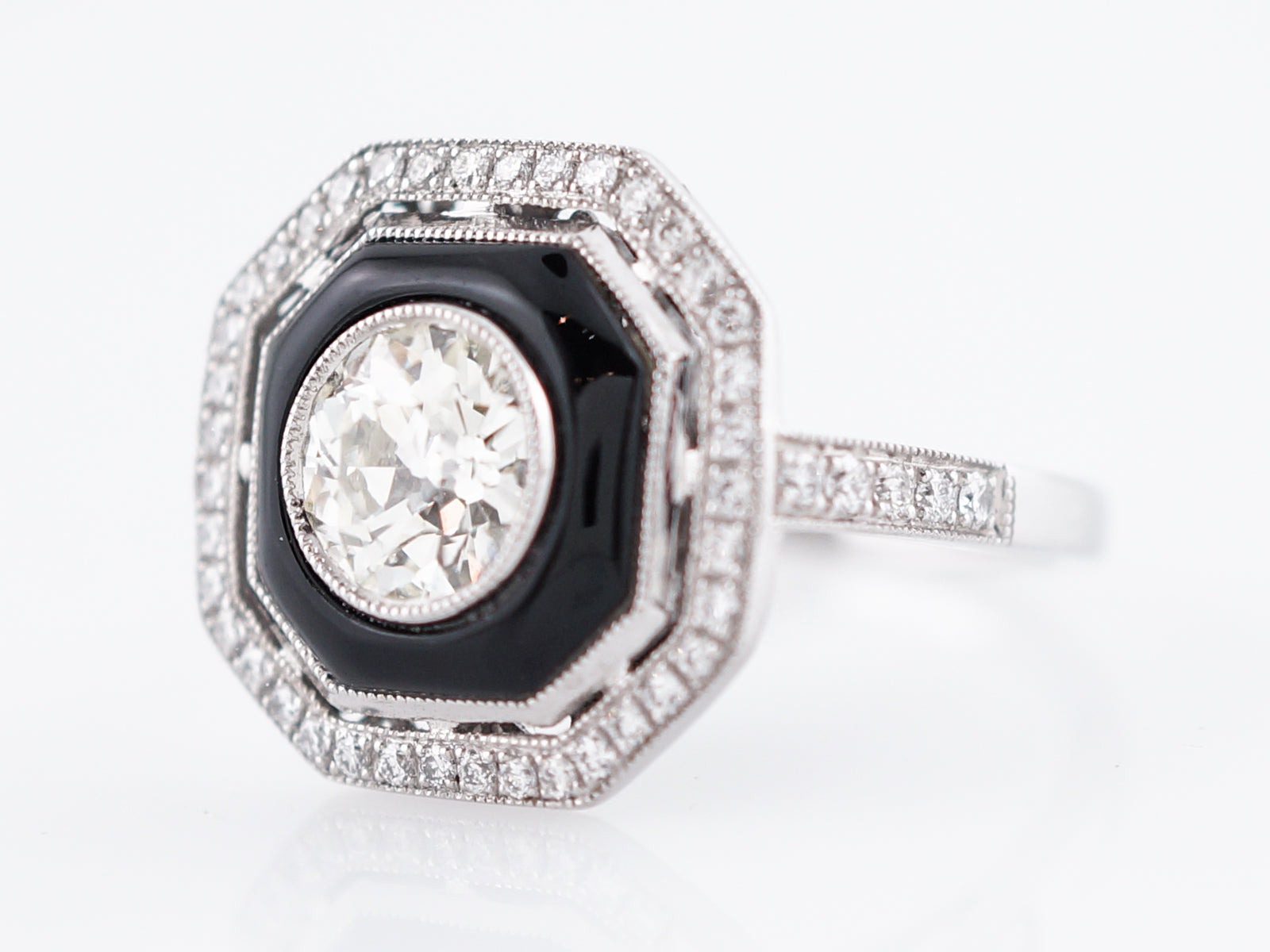 Right Hand Ring Modern Old European Cut Diamond Onyx in