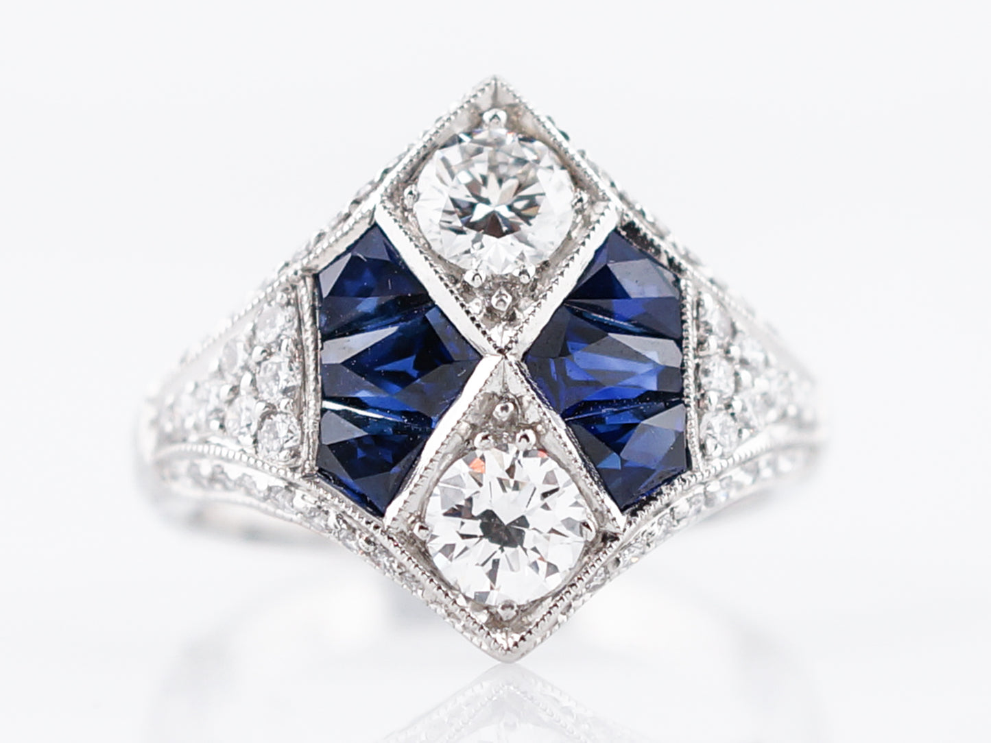 Right Hand Ring Modern 1.03 Round Brilliant Cut Diamonds & 2.86 French Cut Sapphire in Platinum