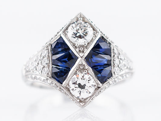 Right Hand Ring Modern 1.03 Round Brilliant Cut Diamonds & 2.86 French Cut Sapphire in Platinum