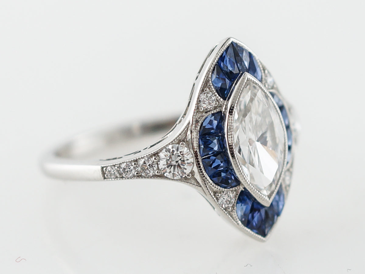 1 Carat Marquis Cut Diamond & Sapphire Halo Ring in Platinum