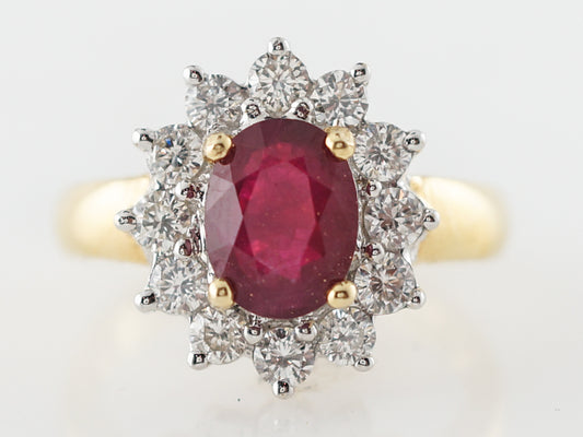 Right Hand Ring Modern 1.51 Oval Cut Ruby & .72 Round Brilliant Cut Diamond in 18k Yellow Gold