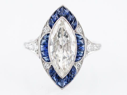 Right Hand Ring Modern 1.85 Marquise Cut Diamond & .90 French Cut Sapphire in Platinum