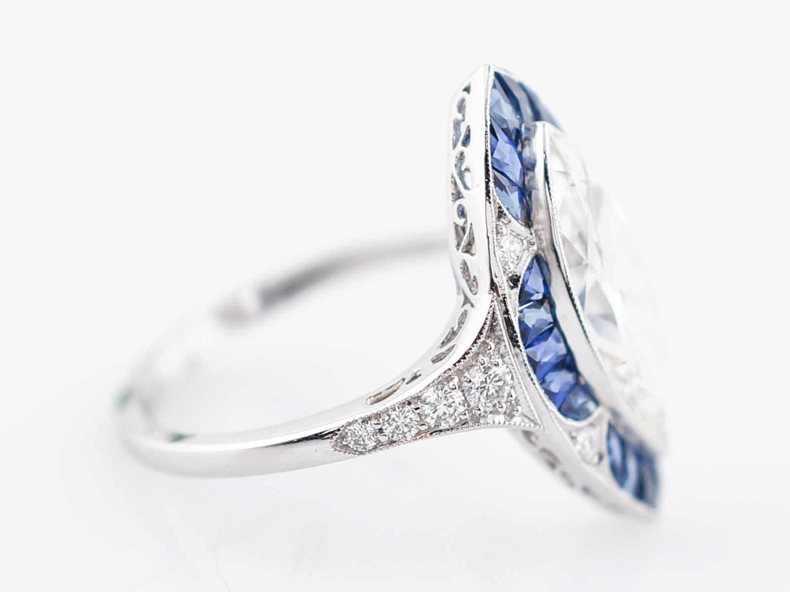 Right Hand Ring Modern 1.85 Marquise Cut Diamond & .90 French Cut Sapphire in Platinum
