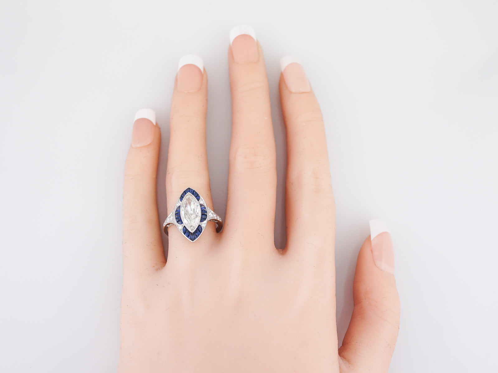 Right Hand Ring Modern 1.85 Marquise Cut Diamond & .90 French Cut Sapphire in Platinum