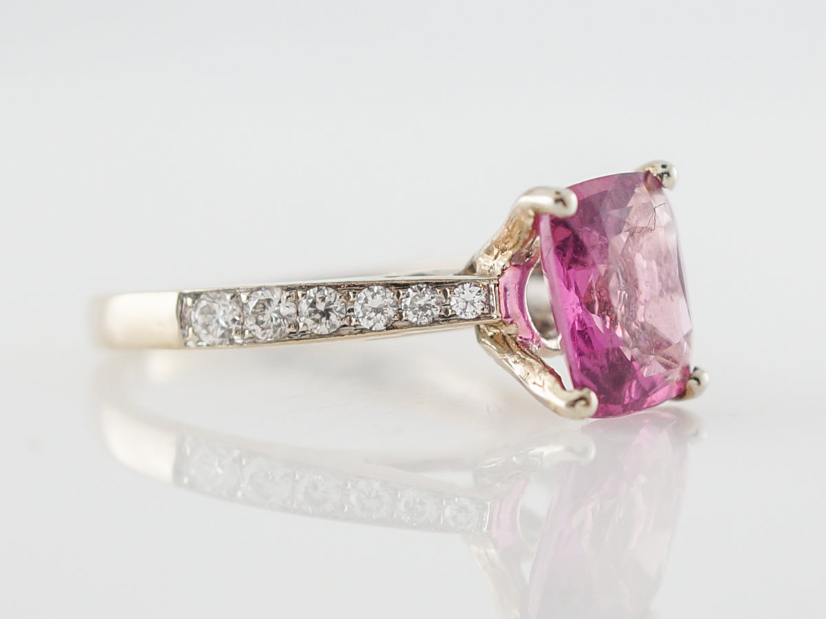 Right Hand Ring Modern 2.14 Cushion Cut Pink Spinel & .24 Round Brilliant Cut Diamonds in 18k Yellow Gold
