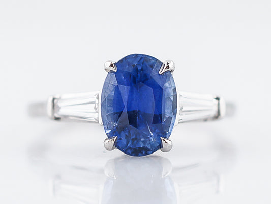 ***RTV***Right Hand Ring Modern 2.21 Oval Cut Sapphire & .28 Baguette Cut Diamond in Platinum