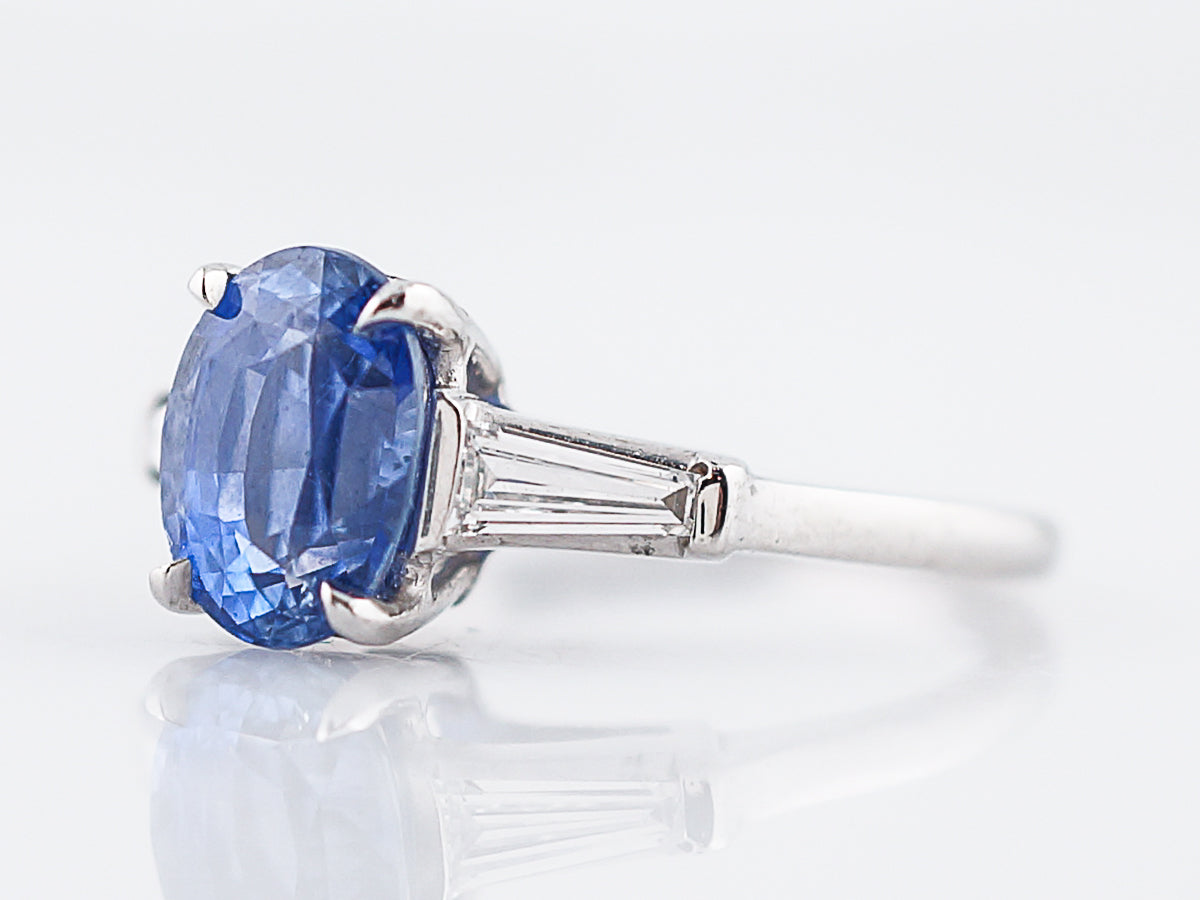 ***RTV***Right Hand Ring Modern 2.21 Oval Cut Sapphire & .28 Baguette Cut Diamond in Platinum