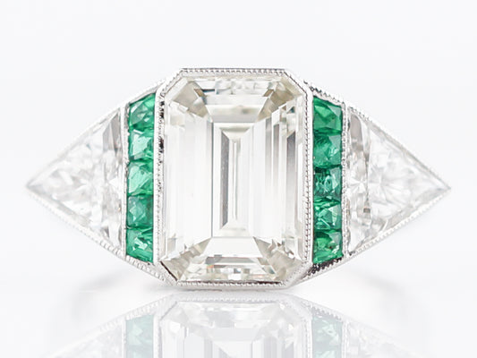 Engagement Ring Modern 2.51 Emerald Cut Diamond & .15 Emeralds in Platinum