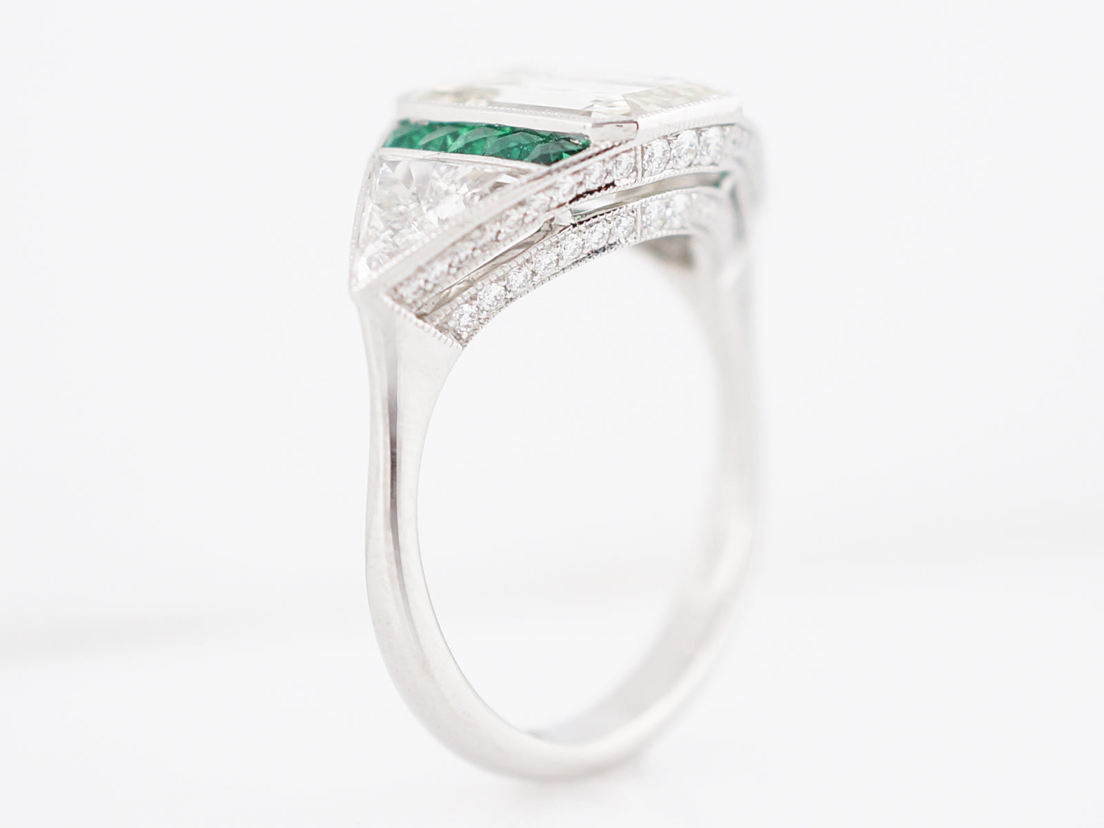 Engagement Ring Modern 2.51 Emerald Cut Diamond & .15 Emeralds in Platinum