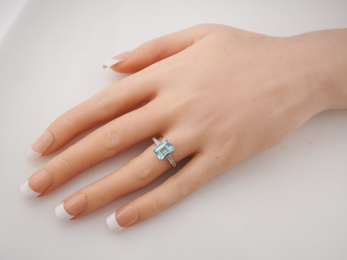 Right Hand Ring Modern 3.63 Emerald Cut Aquamarine in 18k White Gold