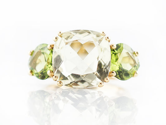 Right Hand Ring Modern 5.10 Cushion Cut Quartz & Round Cut Peridot in 18k Yellow Gold