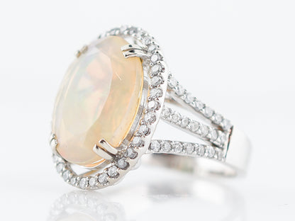 Right Hand Ring Modern 5.57 Oval Cut Opal & 1.17 Round Brilliant Cut Diamonds in 14k White Gold