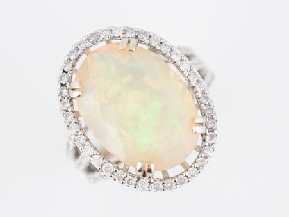 Right Hand Ring Modern 5.57 Oval Cut Opal & 1.17 Round Brilliant Cut Diamonds in 14k White Gold