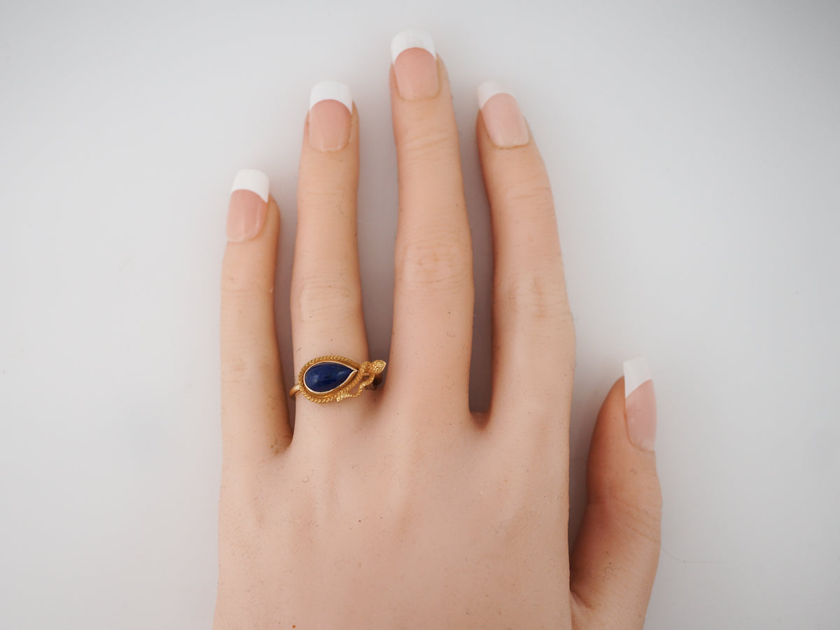Right Hand Ring Victorian Cabochon Cut Lapis in 14k Yellow Gold