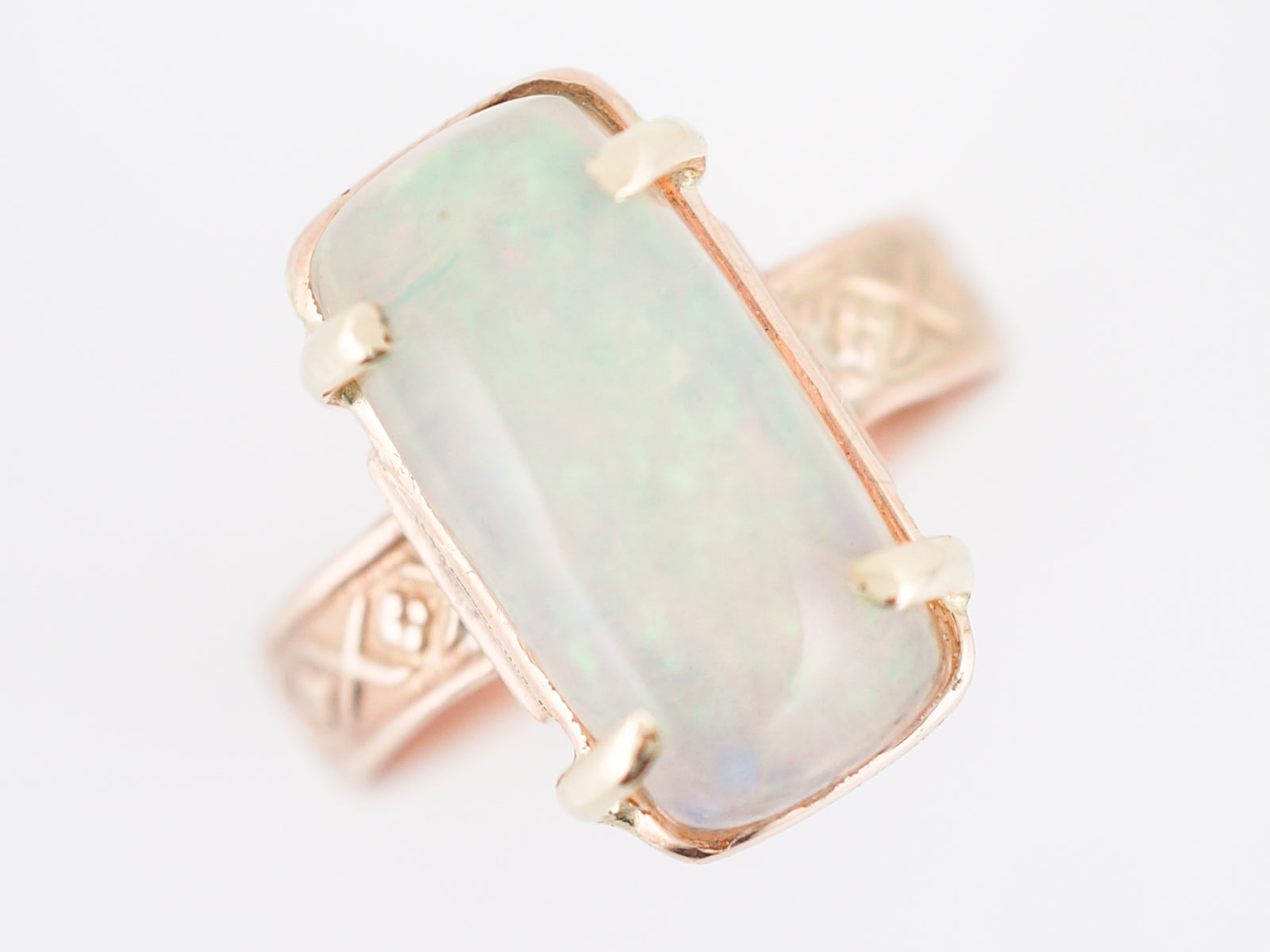 Vintage Right Hand Ring Retro 3.26 Cabochon Cut Opal in 14k Rose Gold