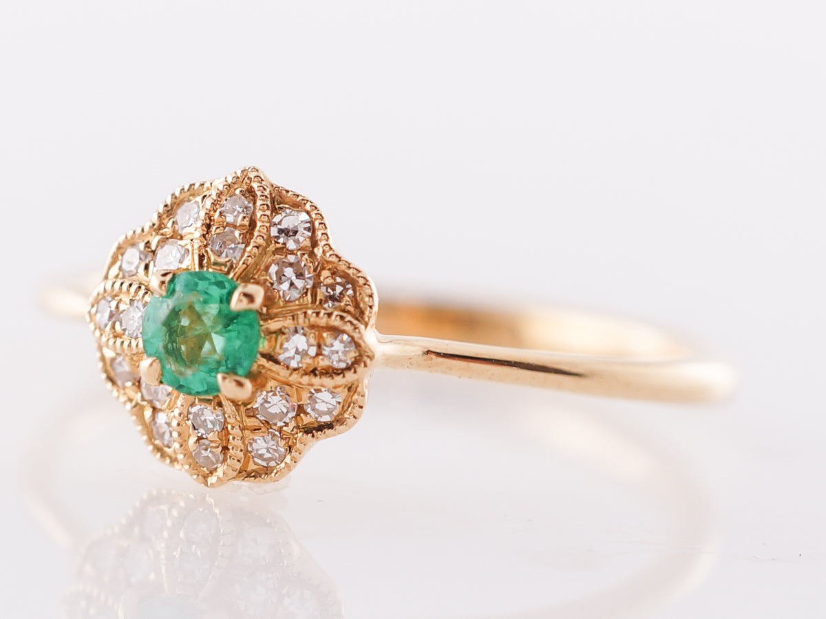 Emerald & Diamond Ring w/ Milgrain in 18k Yellow Gold