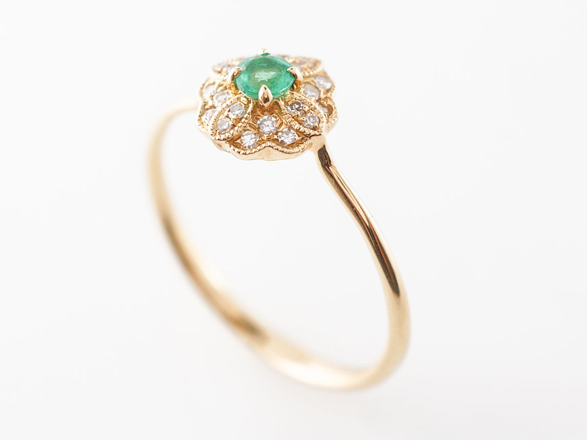 Emerald & Diamond Ring w/ Milgrain in 18k Yellow Gold