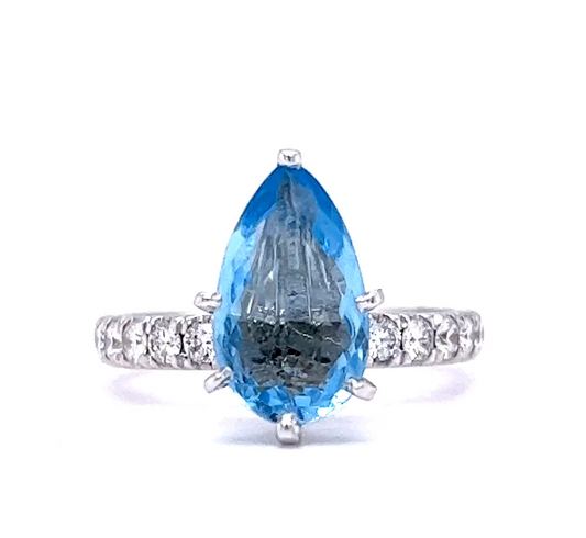 2.50 Pear Cut Aquamarine Ring w/ Diamond Accents in 14k