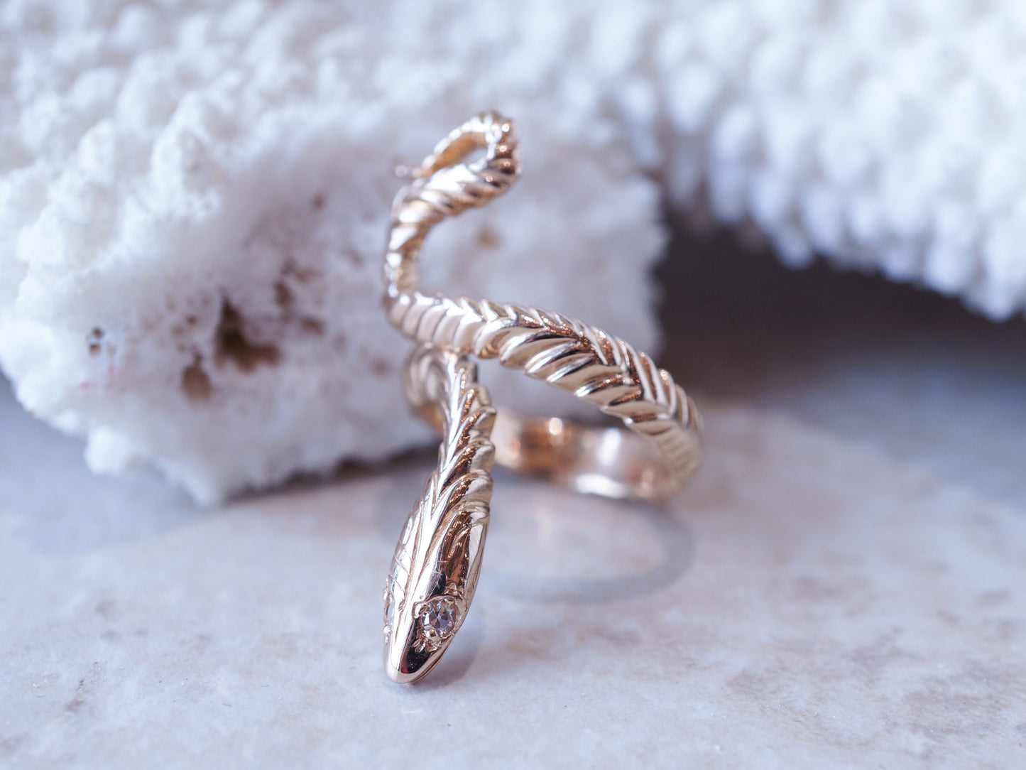 Snake Ring w/ Diamond Eyes in 14k Yellow Gold