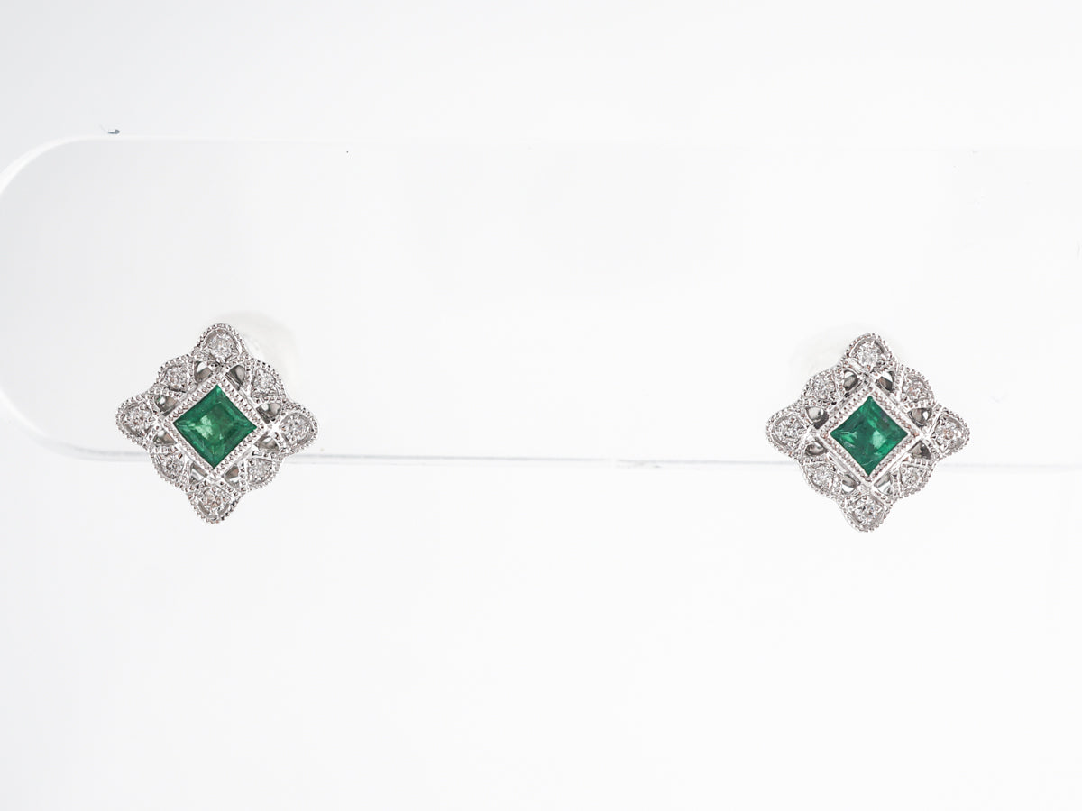 Square Emerald & Diamond Earrings in 14k White Gold