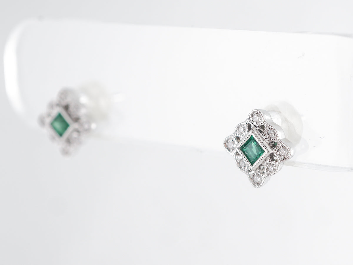 Square Emerald & Diamond Earrings in 14k White Gold