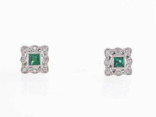 Square Emerald & Diamond Earrings in 14k White Gold