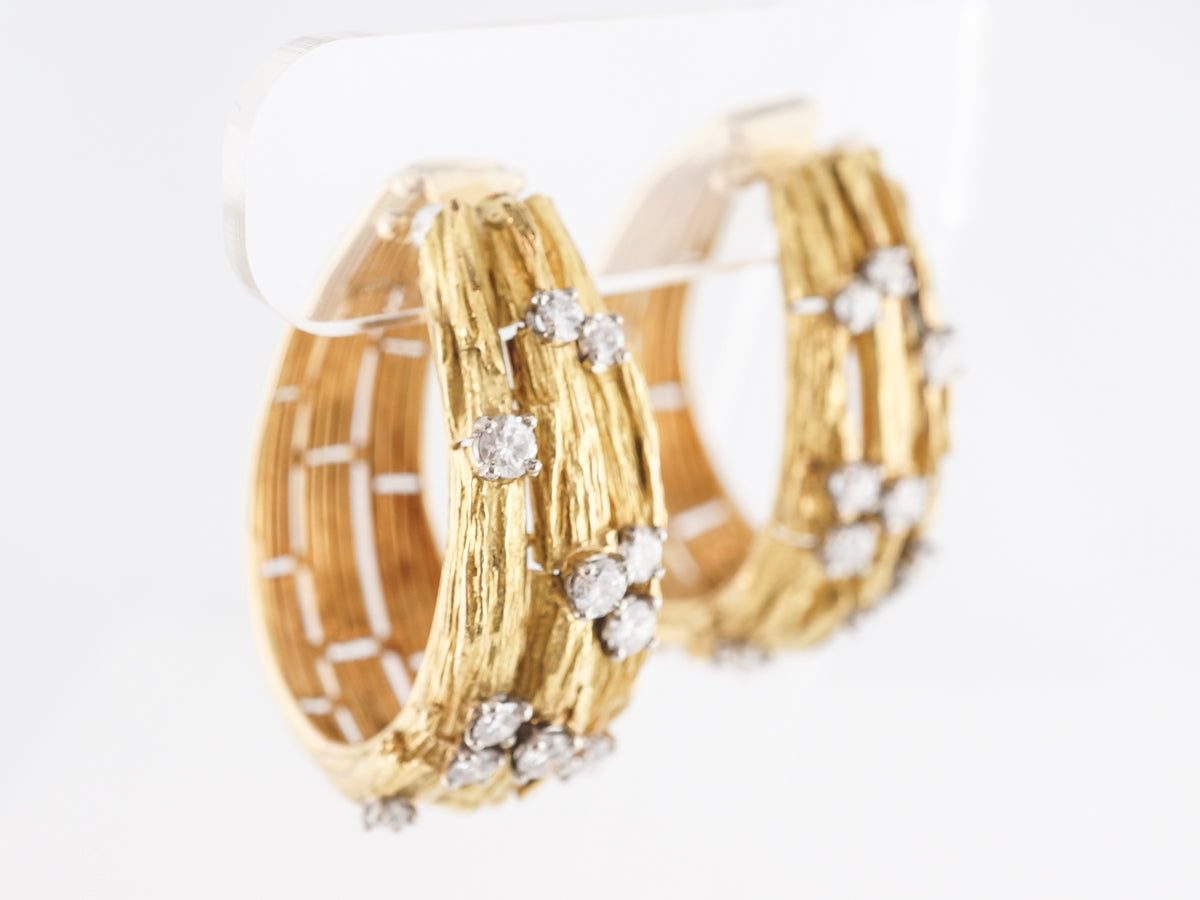 Textured Diamond Hoop Earrings in 18k Yellow Gold