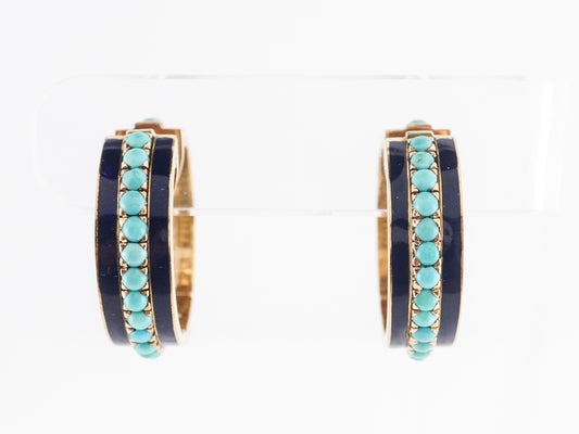 Thick Hoop Earrings w/ Turquoise  in 18k Yellow Gold