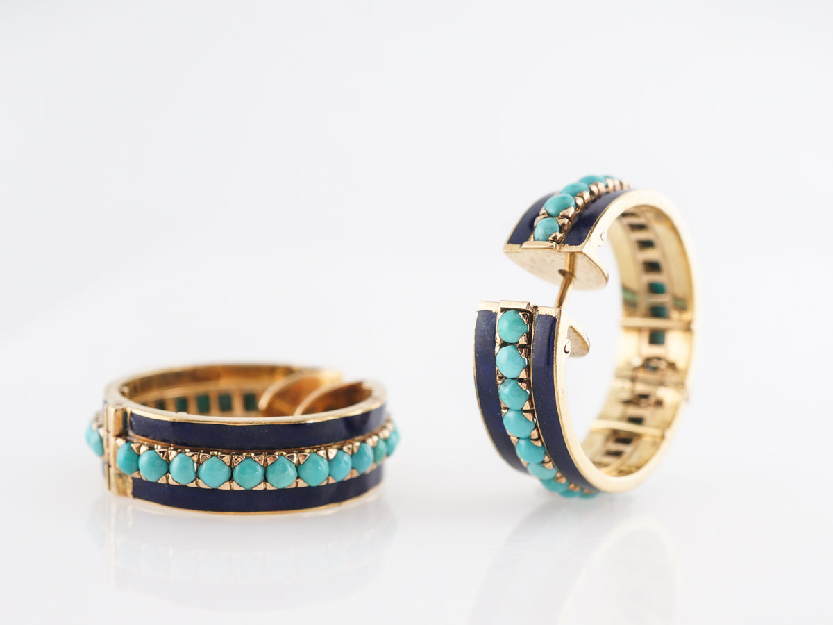 Thick Hoop Earrings w/ Turquoise  in 18k Yellow Gold