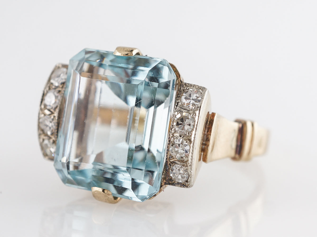Two-Tone Emerald Cut Aquamarine Ring w/ Diamonds in 14k