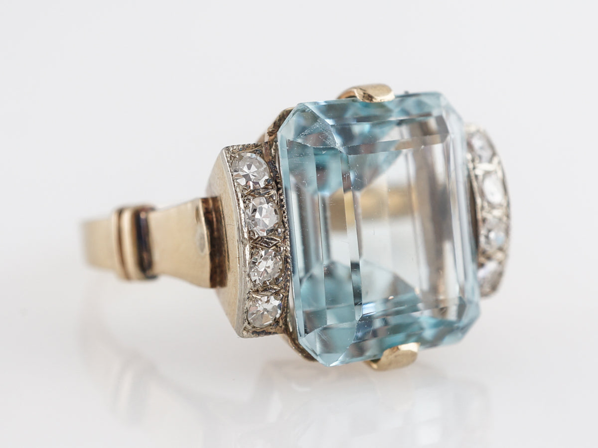 Two-Tone Emerald Cut Aquamarine Ring w/ Diamonds in 14k
