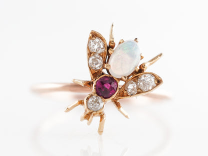 Victorian Bee Cocktail Ring w/ Opal & Rubies 14k