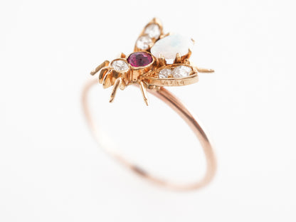 Victorian Bee Cocktail Ring w/ Opal & Rubies 14k