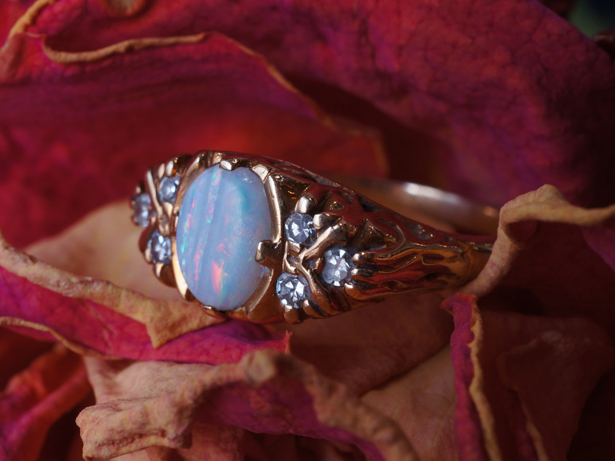 Victorian Black Opal Ring w/ Diamonds in 18k