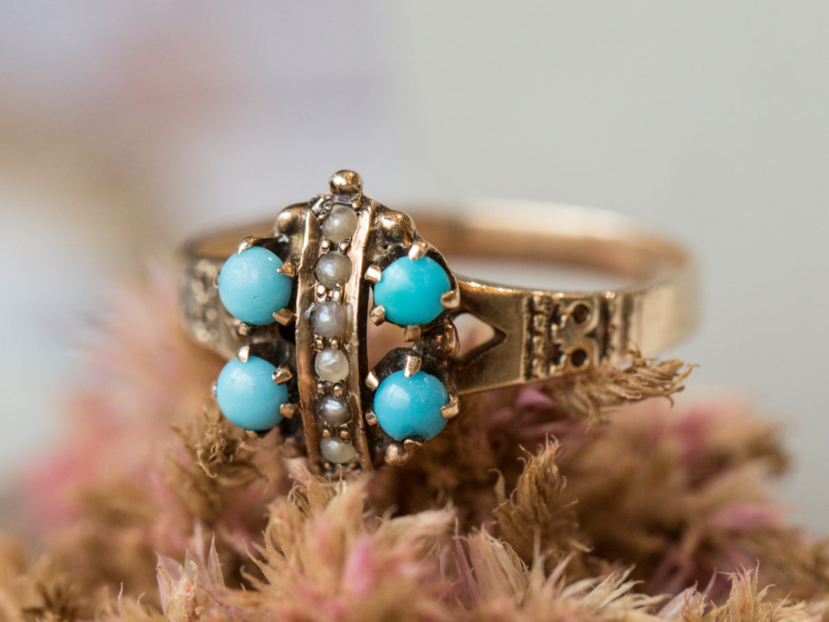 Victorian Cabochon Turquoise & Pearl Cocktail Ring 10k