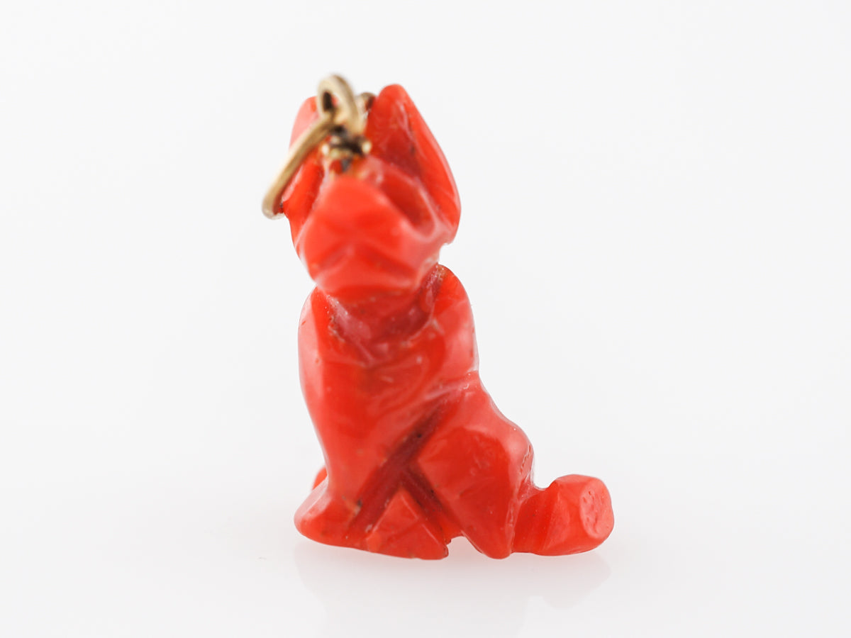 Victorian Carved Coral Dog Charm in 14k Yellow Gold