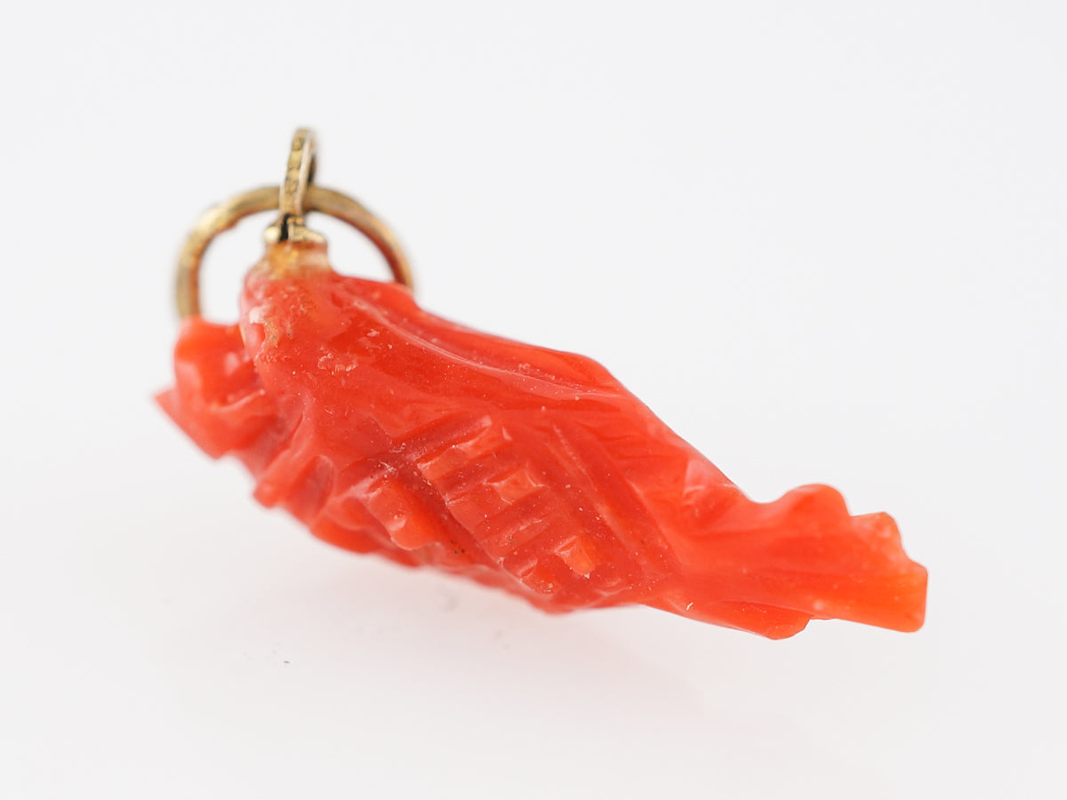 Victorian Carved Coral Fish Charm in 14k Yellow Gold