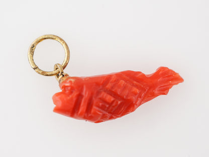Victorian Carved Coral Fish Charm in 14k Yellow Gold