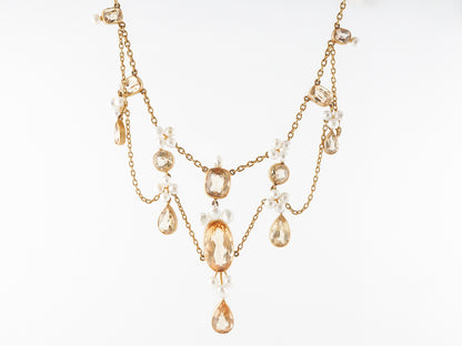 Vintage Victorian Necklace w/ Golden Topaz & Pearl in Yellow Gold