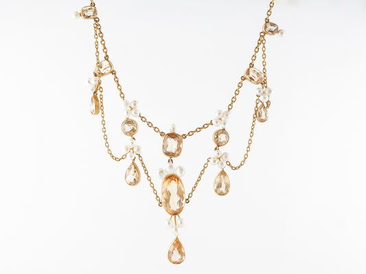 Vintage Victorian Necklace w/ Golden Topaz & Pearl in Yellow Gold