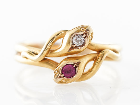 Victorian Double Snake Ring w/ Diamond & Ruby in 14k