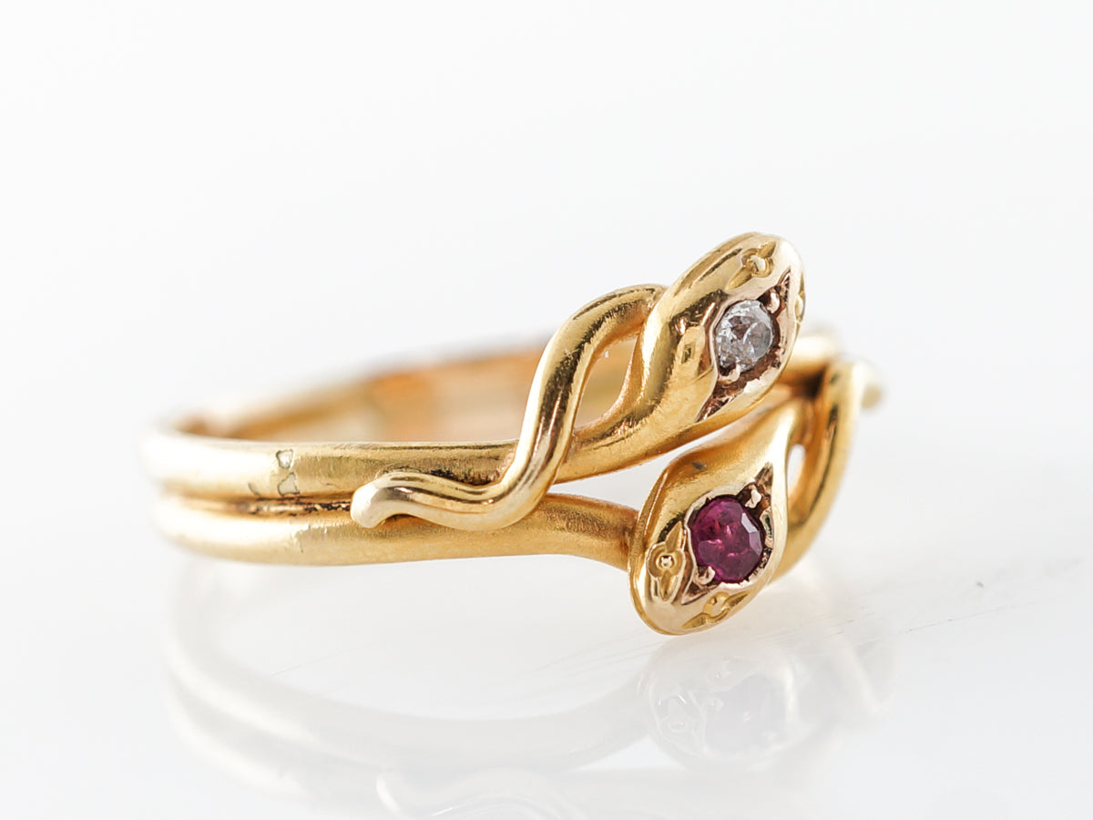 Victorian Double Snake Ring w/ Diamond & Ruby in 14k