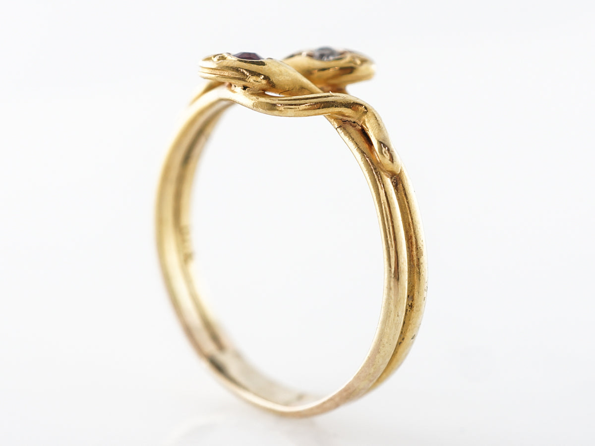 Victorian Double Snake Ring w/ Diamond & Ruby in 14k