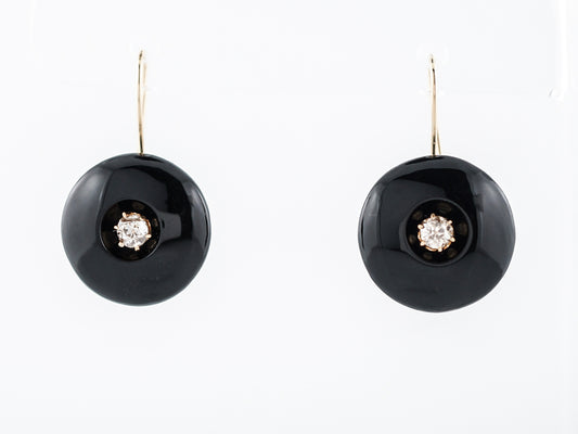 Victorian Earrings .78 Round Brilliant Cut Diamonds & Onyx in 14k Yellow Gold