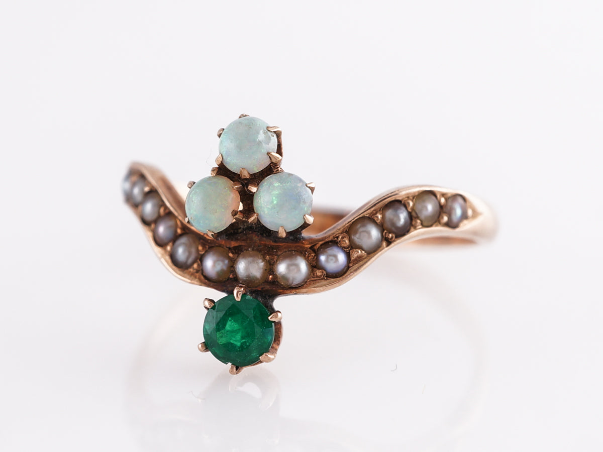 Victorian Emerald & Opal w/ Pearls Cocktail Ring in 10k