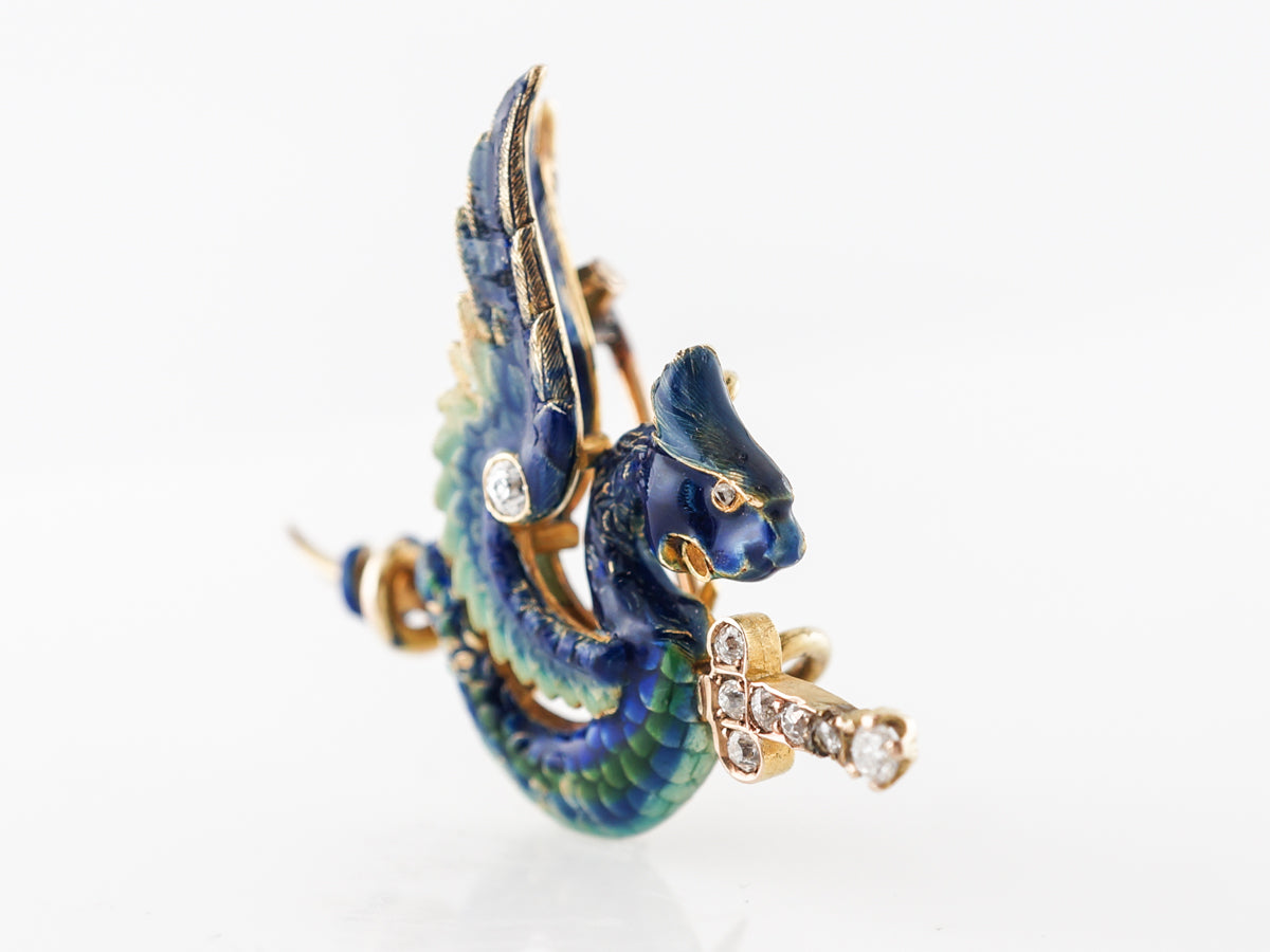 Victorian Enamel Dragon Pendant w/ Diamonds in Yellow Gold