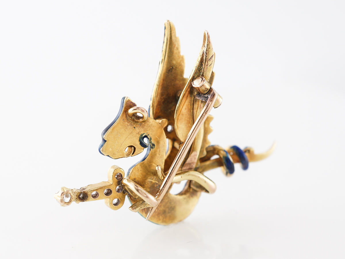 Victorian Enamel Dragon Pendant w/ Diamonds in Yellow Gold
