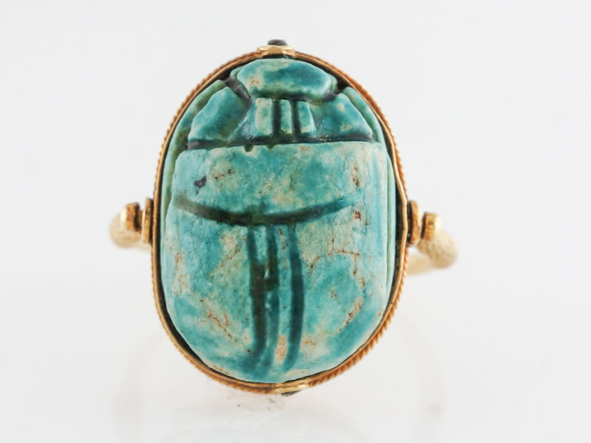 Art Deco Faience Cabochon Scarab in 14k Yellow Gold